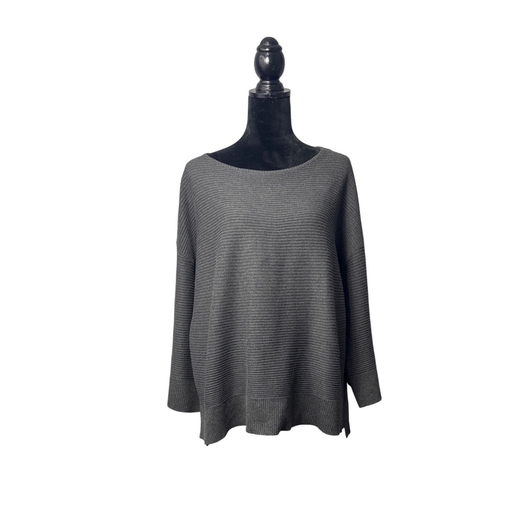 Peck & Peck XL Gray Ribbed Knit Sweater Top Rayon Nylon Dolman Sleeve Boatneck